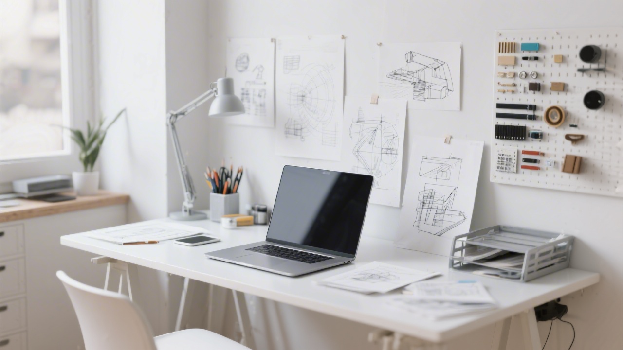 Bright studio desk with a laptop, design sketches, and a component library board, conveying a focused small design team environment with clean, minimal tools.