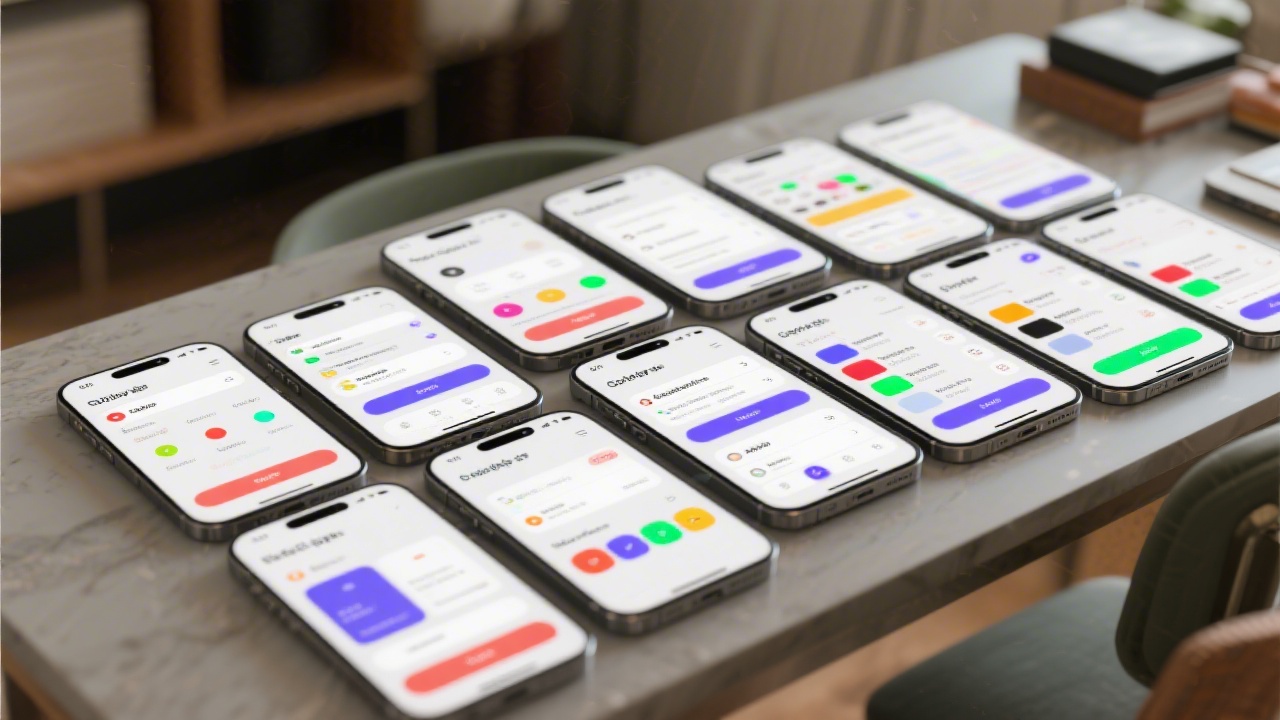 Mobile application screens on a table showing consistent navigation, button styles, and color tokens, demonstrating how a design system supports cross-platform UI consistency.