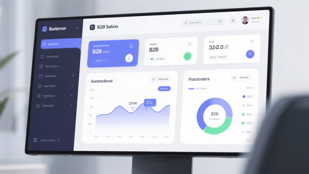 Dashboard interface for a B2B SaaS product showing cards, charts, and filters, styled with a unified component library and clean typography on a large monitor.