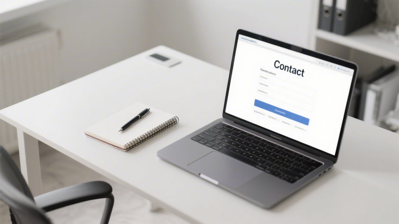 Clean office desk with a notebook, pen, and laptop displaying a contact form, conveying a professional yet approachable environment for business inquiries.