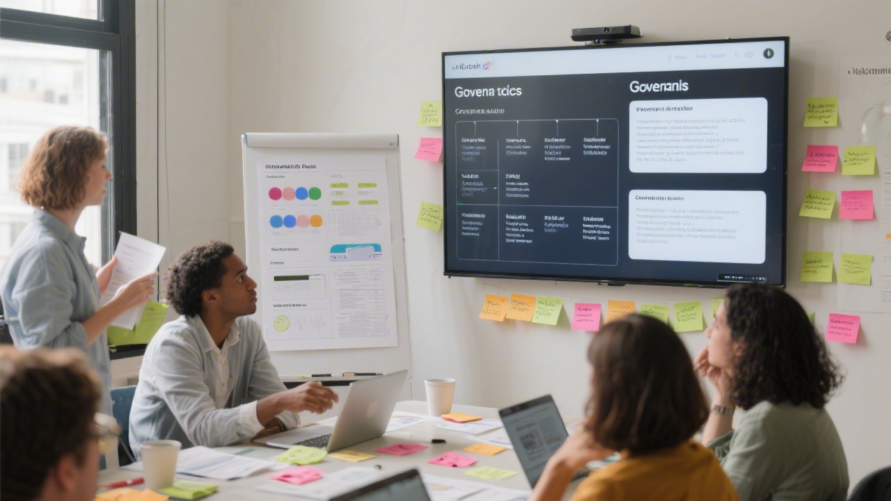 Workshop scene with sticky notes, printed component guidelines, and a digital board displaying governance rules, showing a structured approach to maintaining a design system.