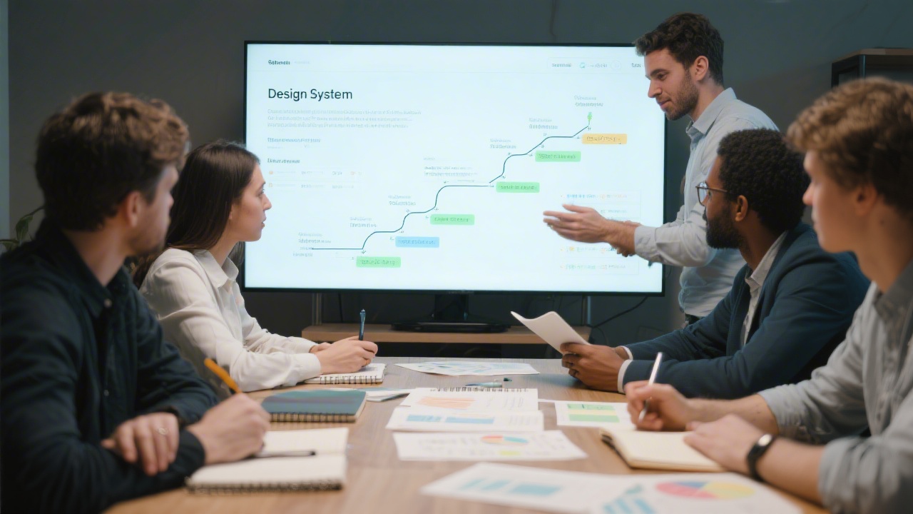 Team members reviewing a design system roadmap on a large screen, discussing priorities and milestones with notebooks and structured diagrams on the table.