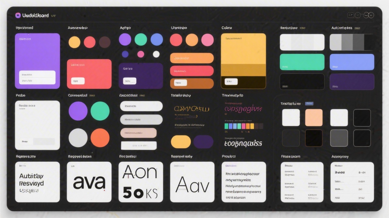 Detailed UI audit board with categorized components, color swatches, and typography samples laid out in a grid for a structured product review.