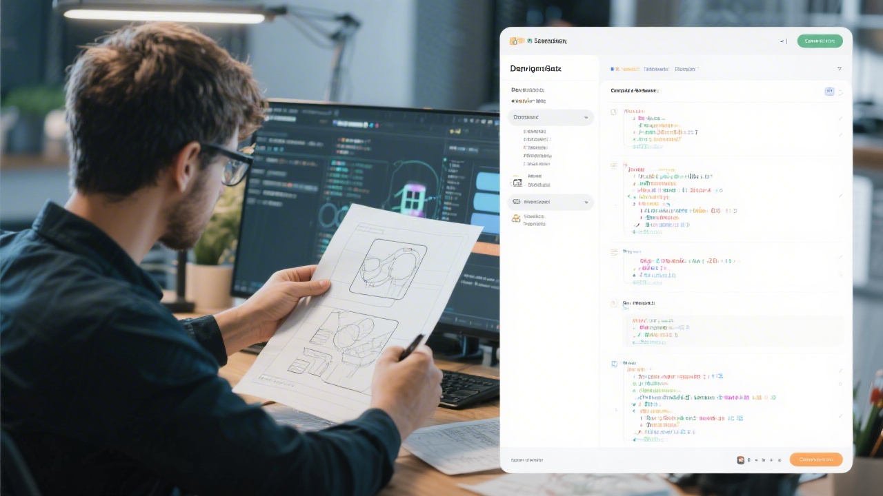 Developer reviewing component specifications and code snippets next to design files, showing a collaborative handoff process between design and engineering.
