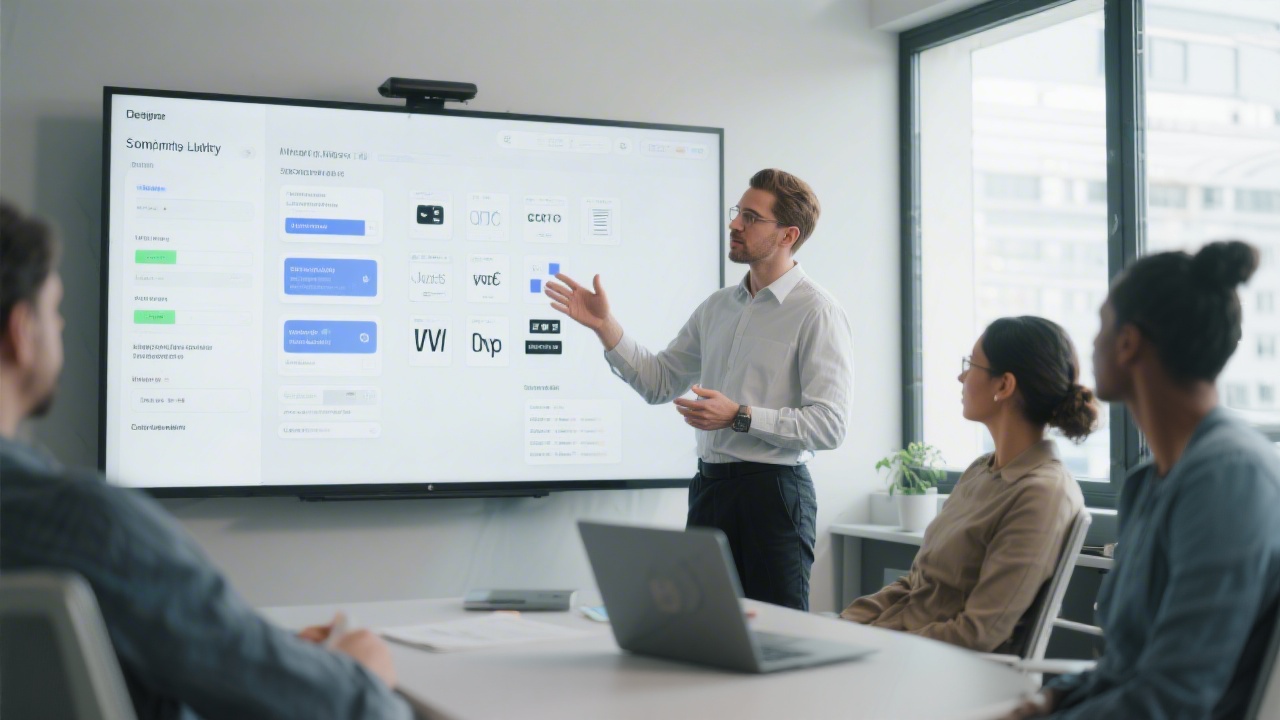 Designer presenting a structured component library to a small team, with clear cards, UI states, and typography samples on a large screen in a modern office.