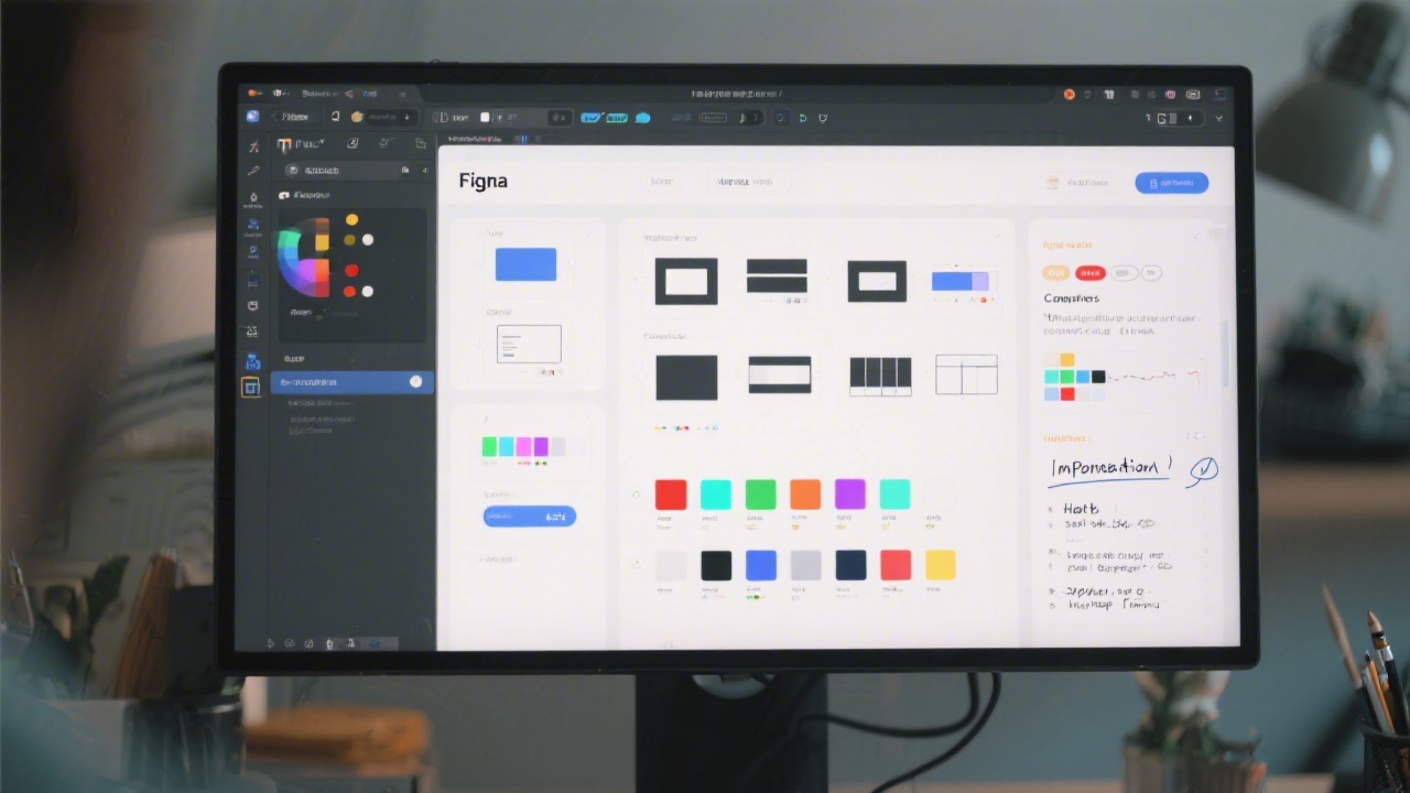 Design tools workspace with Figma open on a monitor, showing component variants and color tokens, alongside notes about implementation and handoff.